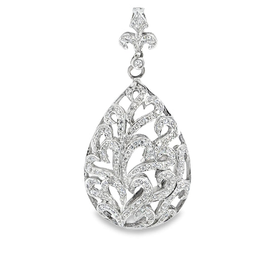 18K White Gold Enhancer Pendant with Diamonds – Teardrop Filigree Design