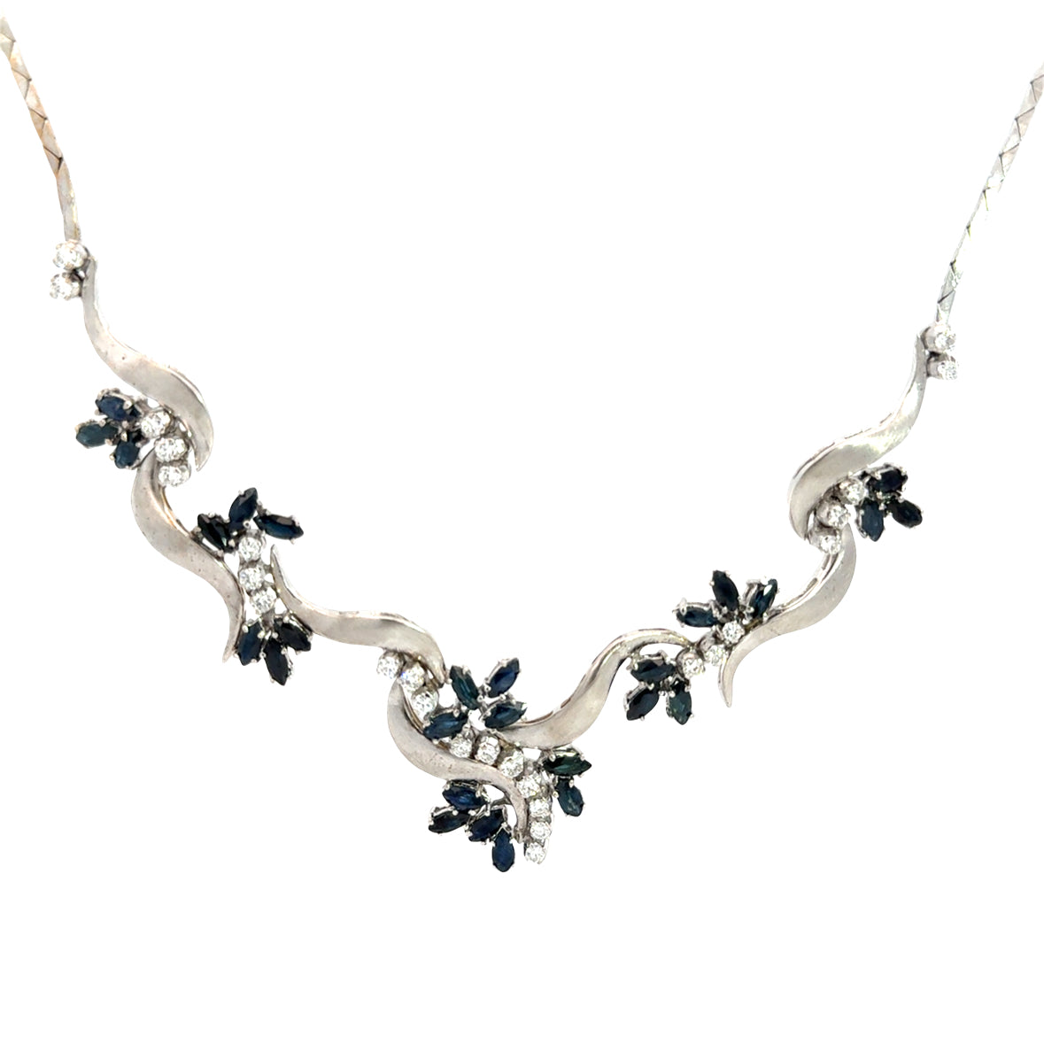 Floral Sapphire & Diamond Ribbon Necklace in 18K White Gold
