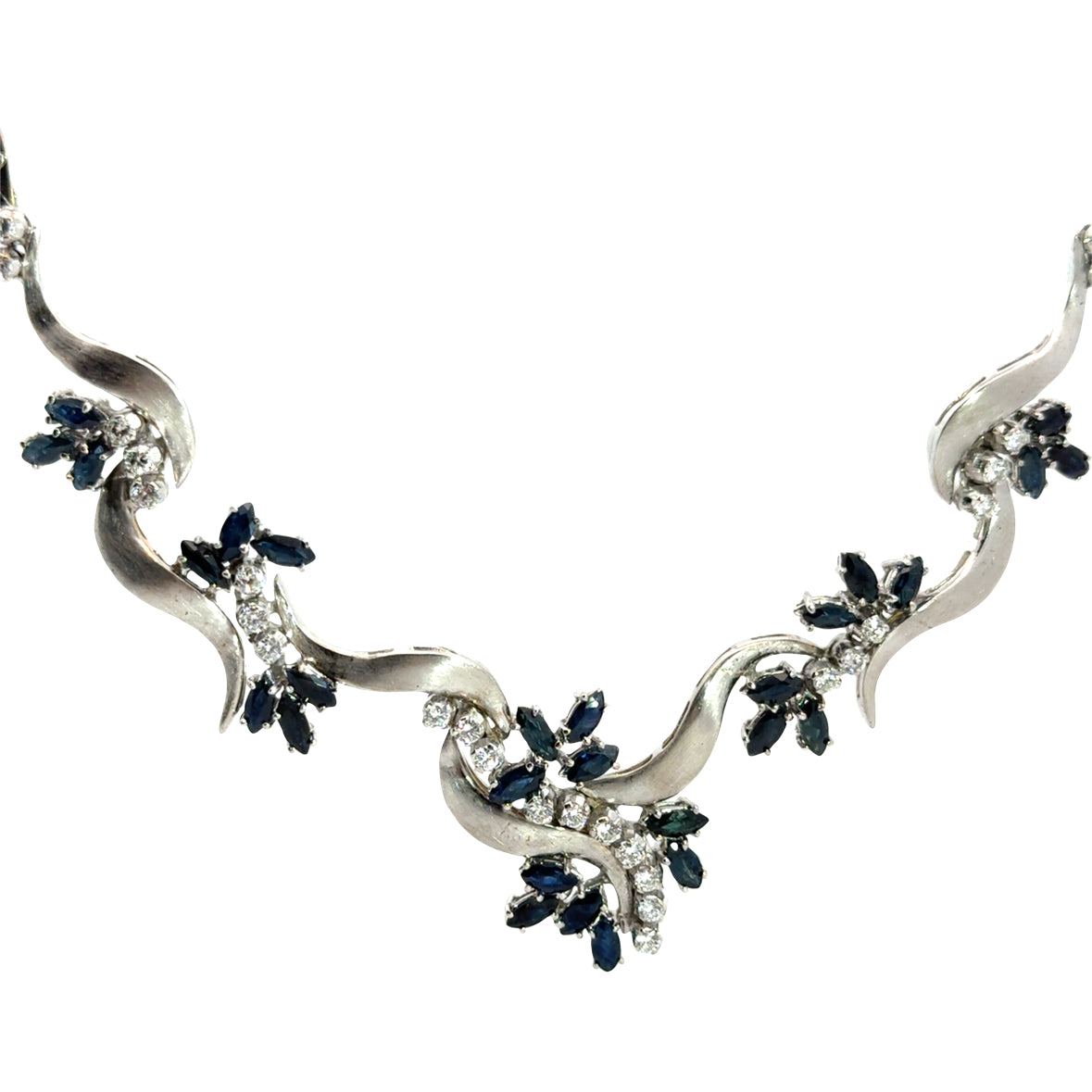 Floral Sapphire & Diamond Ribbon Necklace in 18K White Gold