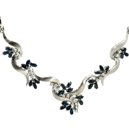 Floral Sapphire & Diamond Ribbon Necklace in 18K White Gold