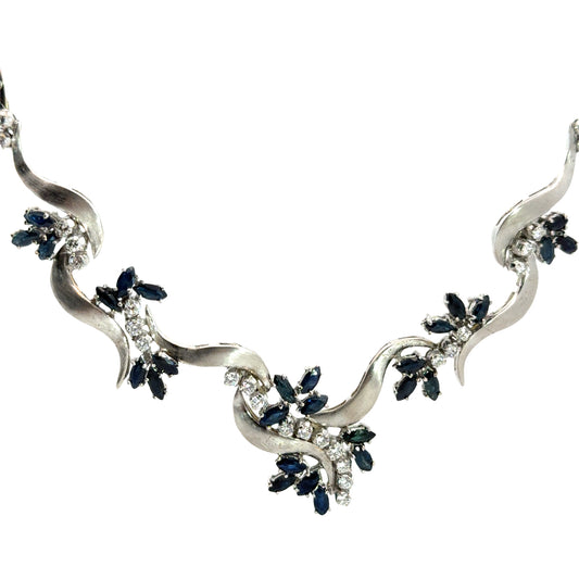Floral Sapphire & Diamond Ribbon Necklace in 18K White Gold