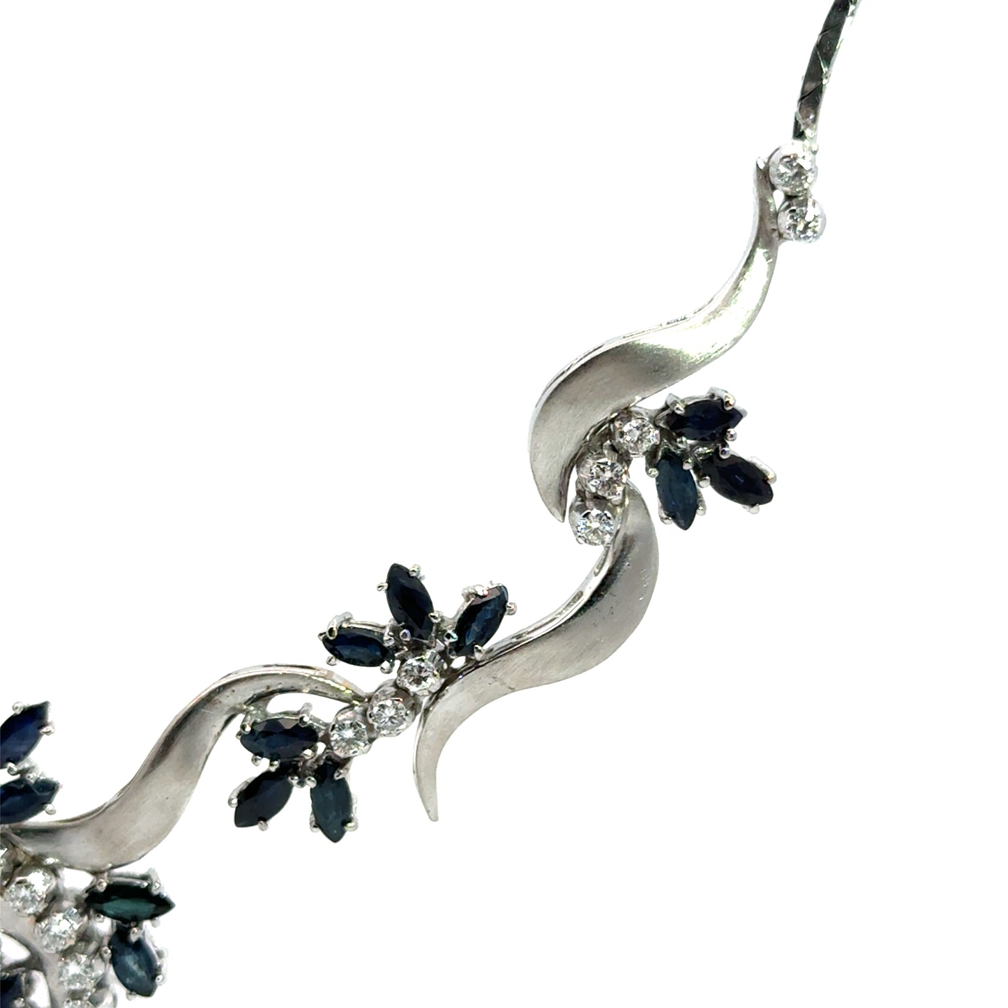 Floral Sapphire & Diamond Ribbon Necklace in 18K White Gold
