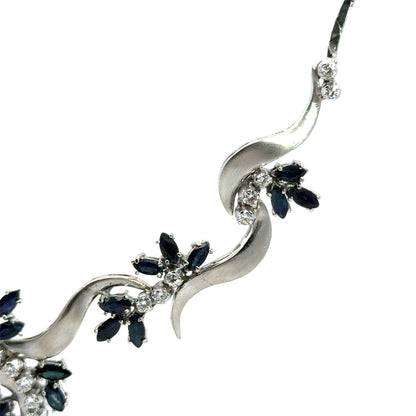 Floral Sapphire & Diamond Ribbon Necklace in 18K White Gold