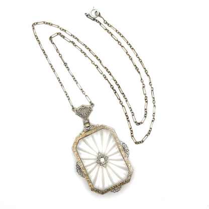 Antique Art Deco 14K White Gold, Diamond & Etched Rock Crystal Pendant Necklace