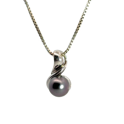 14K White Gold Black Pearl Swirl Pendant