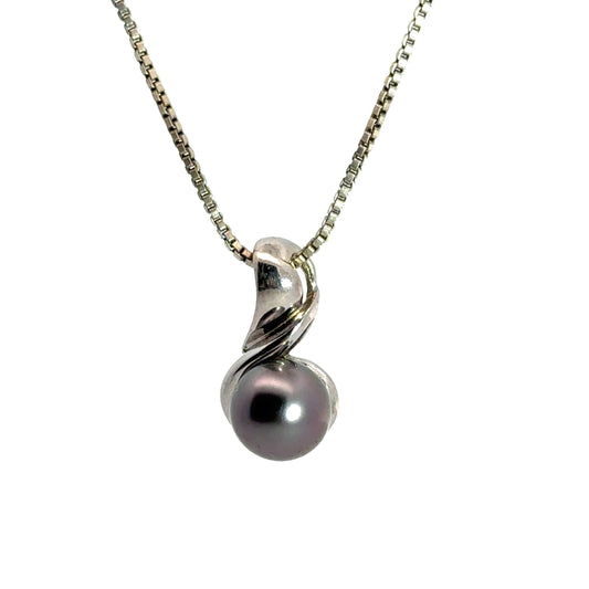 14K White Gold Black Pearl Swirl Pendant