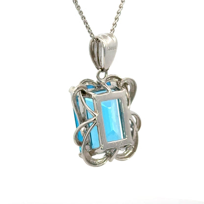 Large Emerald-Cut Blue Topaz Pendant in 14K White Gold
