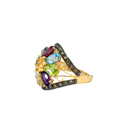 14K Yellow Gold Floral Cocktail Ring with Multi-Color Gemstones & Diamonds