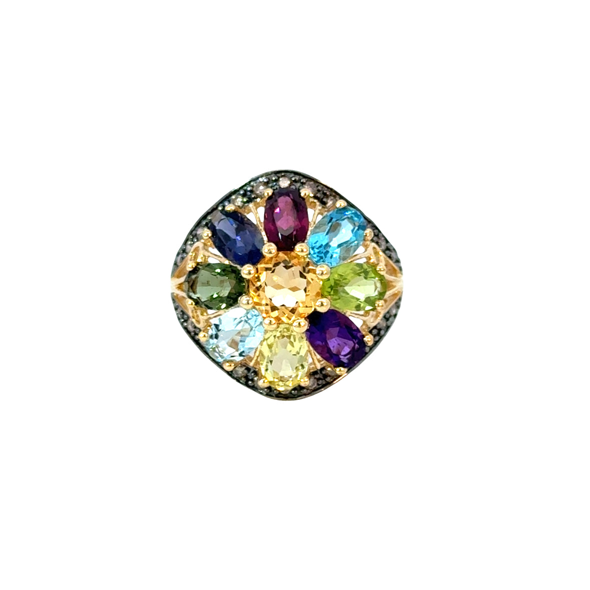 14K Yellow Gold Floral Cocktail Ring with Multi-Color Gemstones & Diamonds