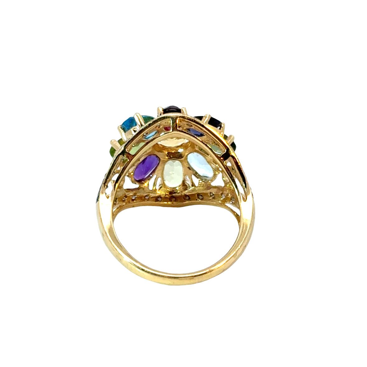 14K Yellow Gold Floral Cocktail Ring with Multi-Color Gemstones & Diamonds