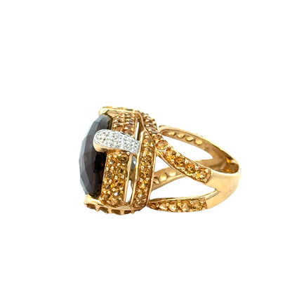14K Yellow Gold Smoky Topaz & Yellow Topaz Dome Ring with Diamonds