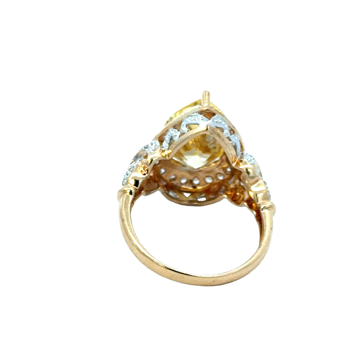 14K Yellow Gold Synthetic Yellow Citrine Pear-Cut Ring with Diamond Halo