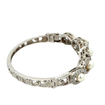 1930s Art Deco 14K White Gold Pearl & Diamond Bangle