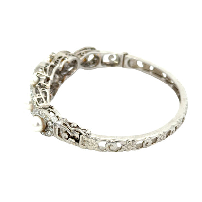1930s Art Deco 14K White Gold Pearl & Diamond Bangle