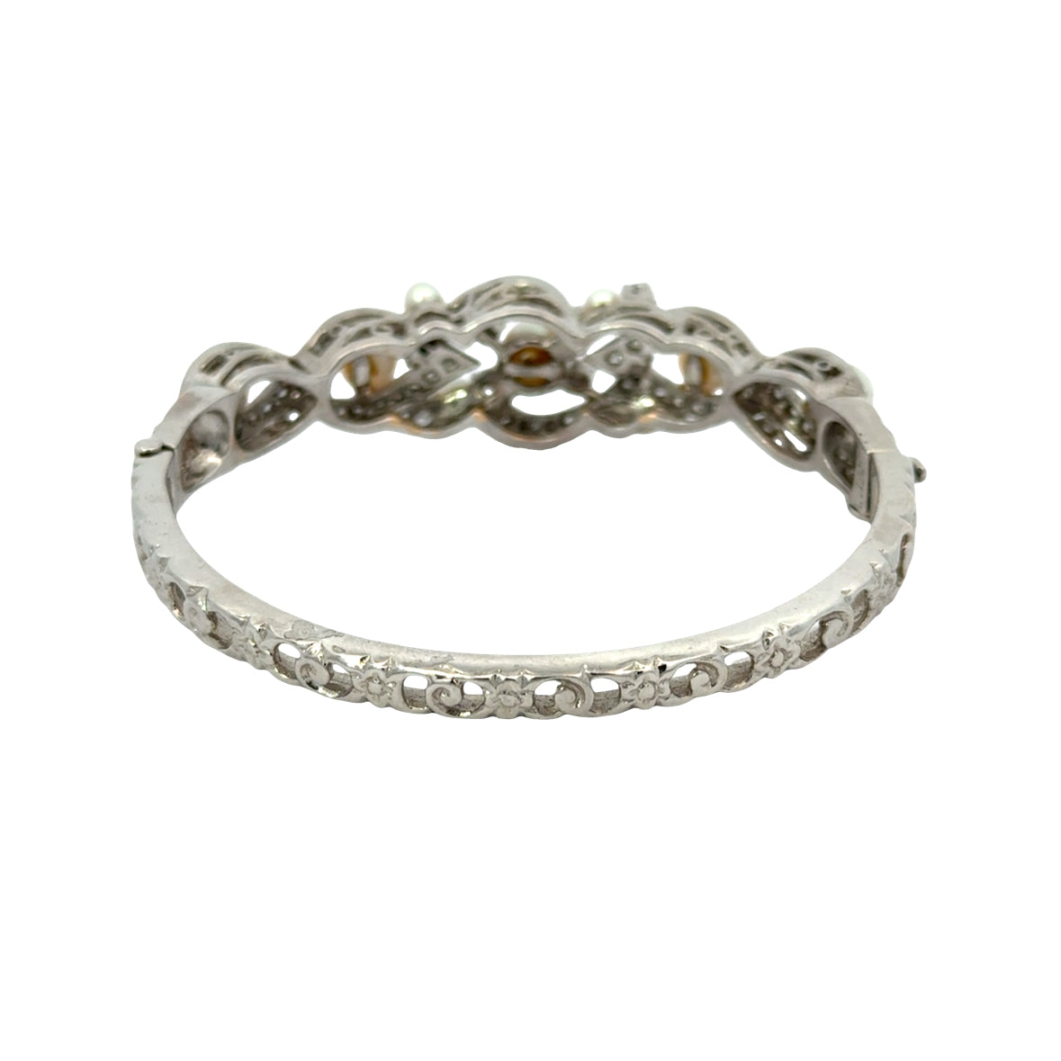 1930s Art Deco 14K White Gold Pearl & Diamond Bangle