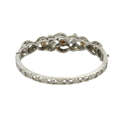 1930s Art Deco 14K White Gold Pearl & Diamond Bangle