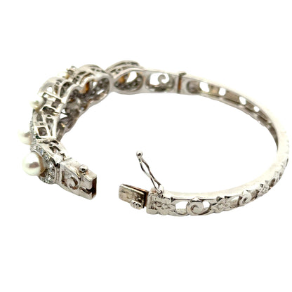 1930s Art Deco 14K White Gold Pearl & Diamond Bangle