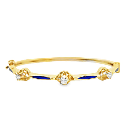 14K Yellow Gold Diamond & Dark Blue Enamel Bangle