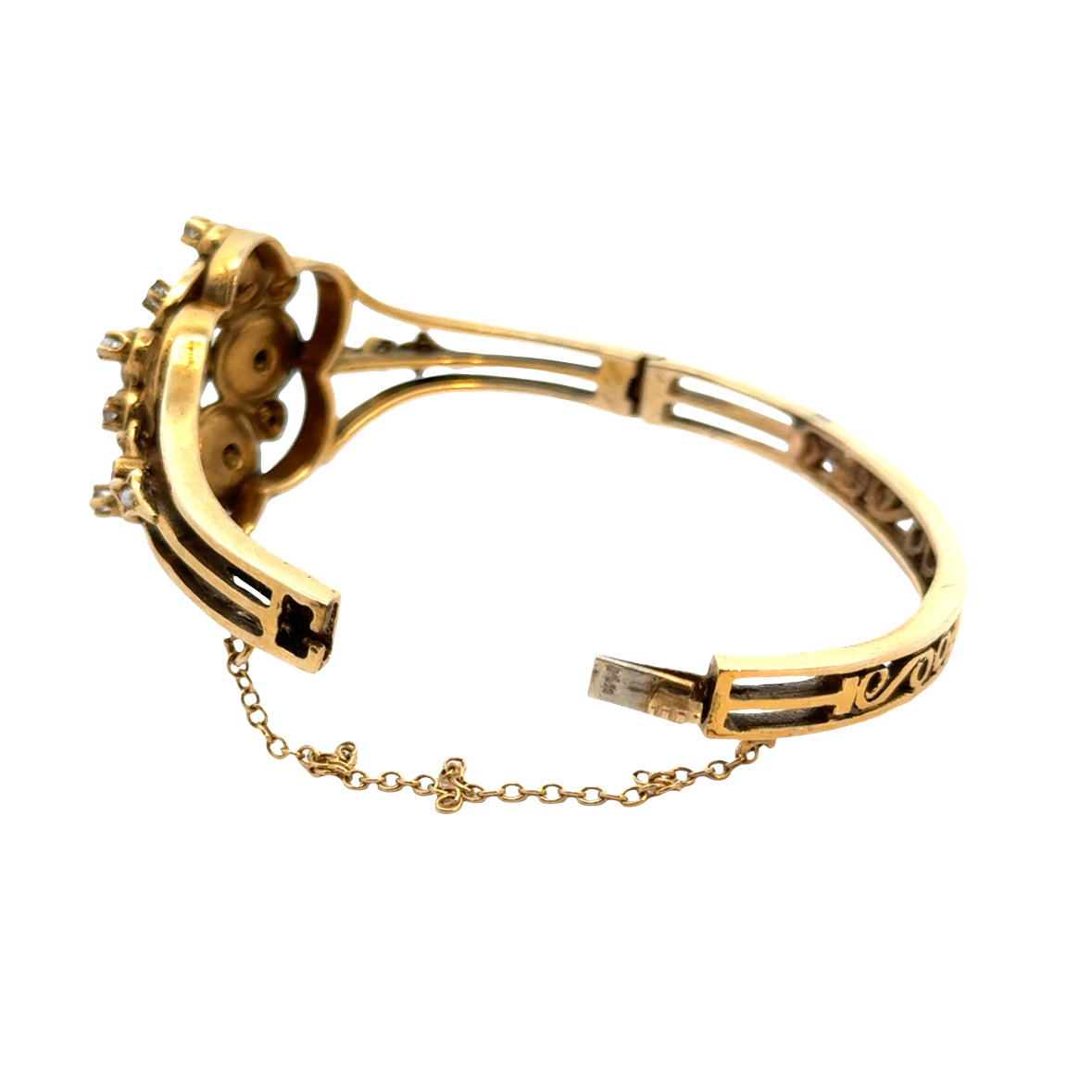 Antique 14K Yellow Gold Black Enamel, Diamond & Seed Pearl Bangle