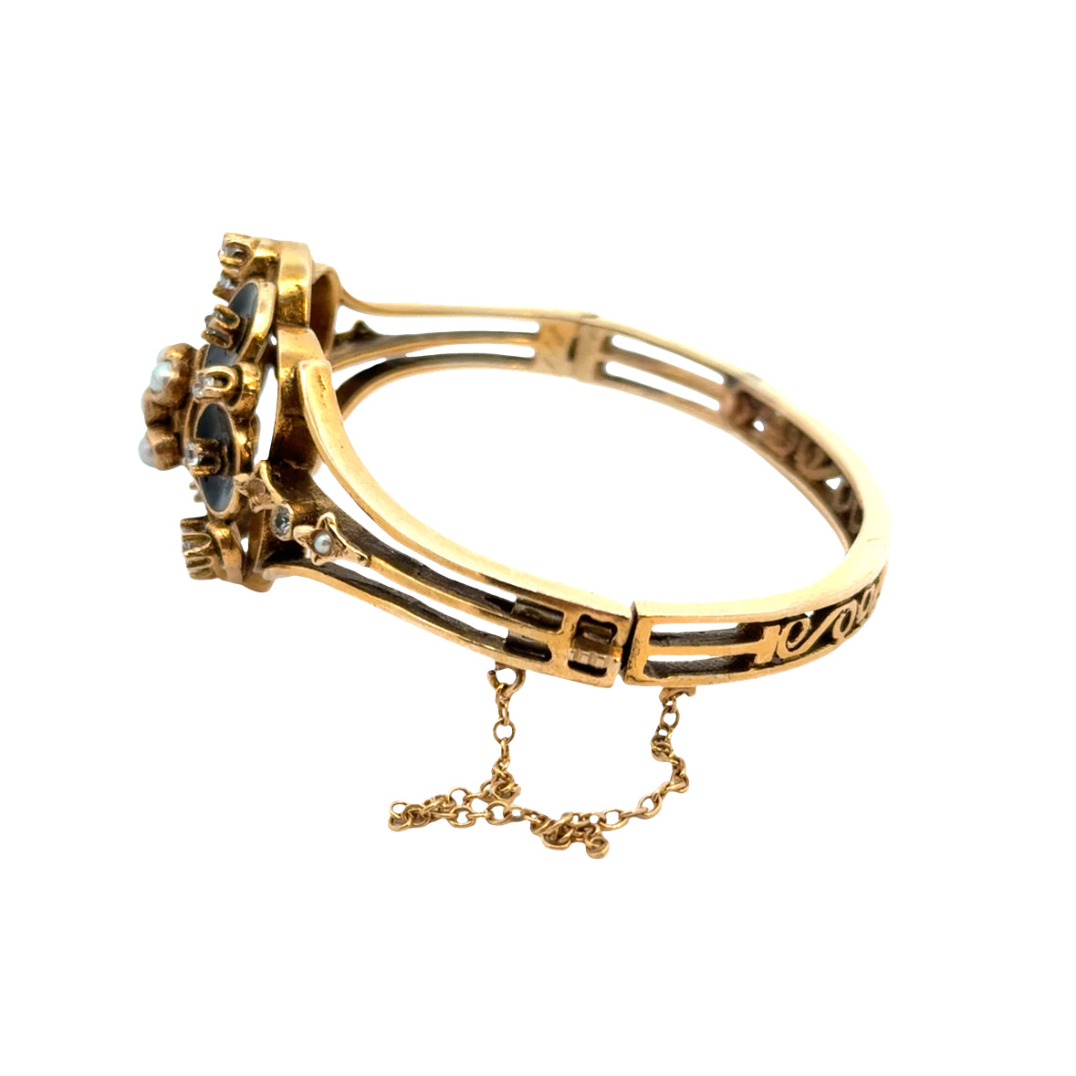 Antique 14K Yellow Gold Black Enamel, Diamond & Seed Pearl Bangle