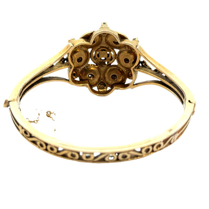 Antique 14K Yellow Gold Black Enamel, Diamond & Seed Pearl Bangle