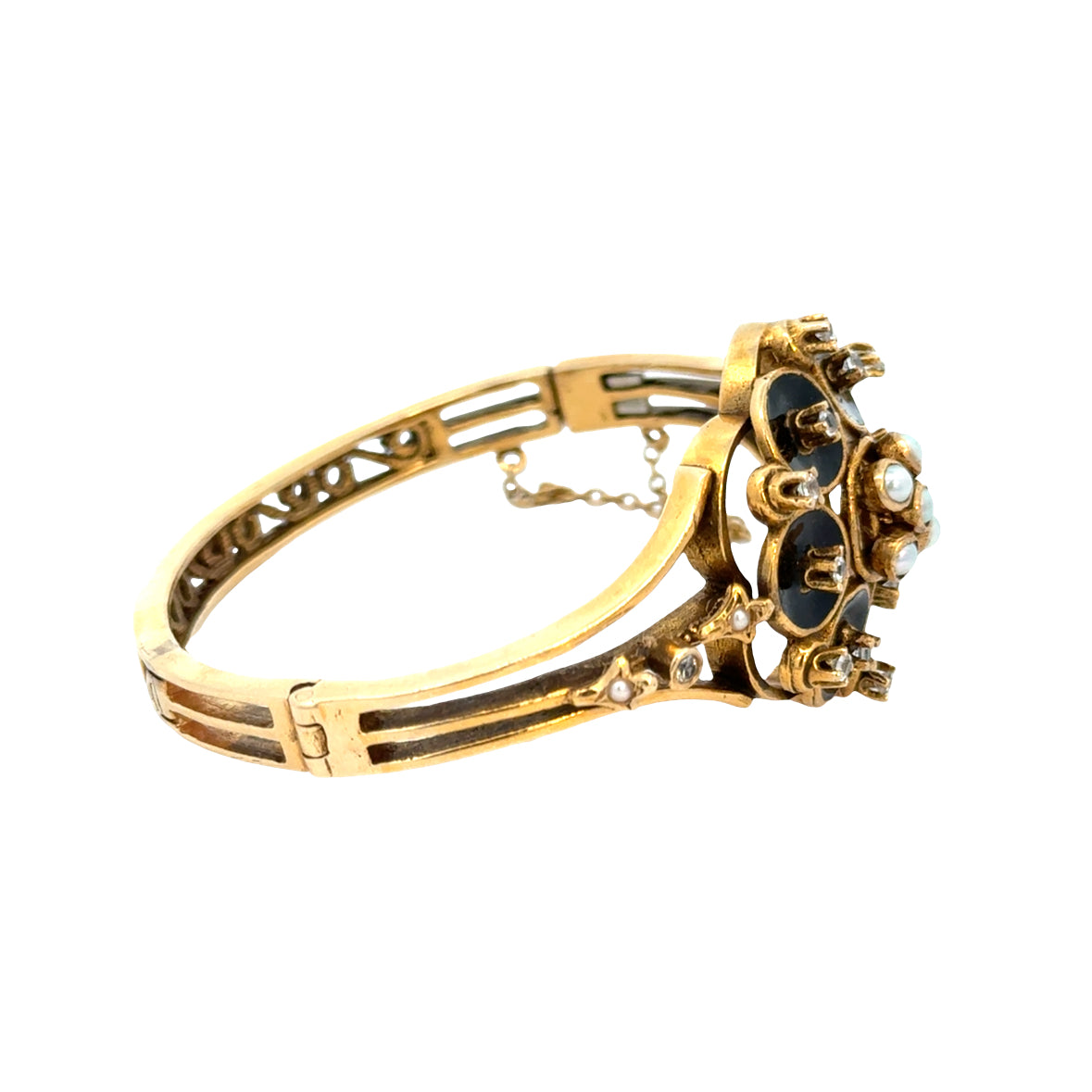 Antique 14K Yellow Gold Black Enamel, Diamond & Seed Pearl Bangle