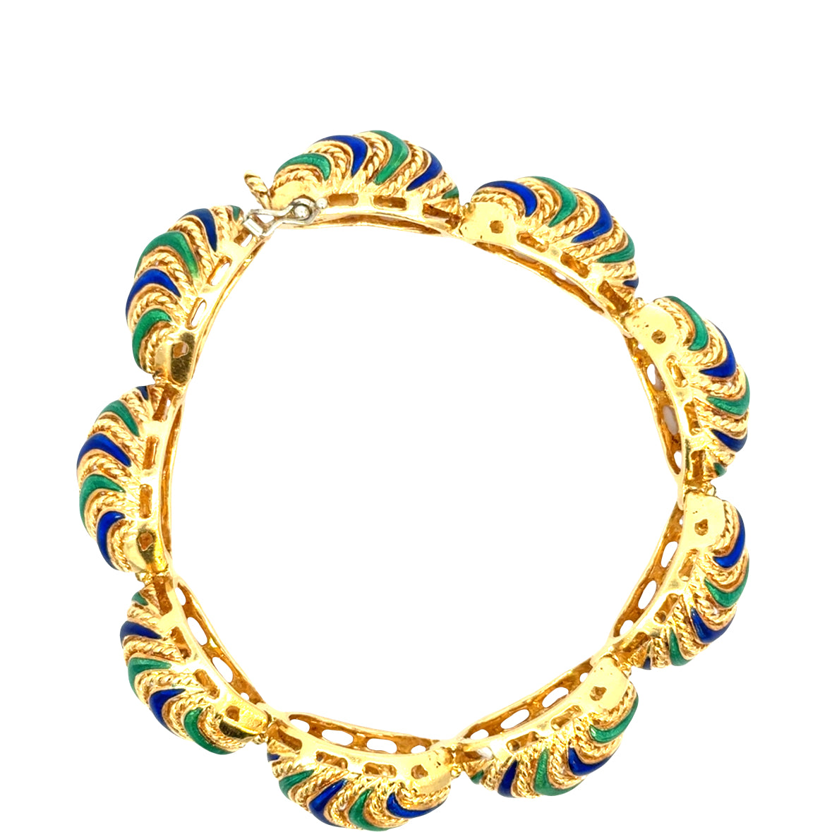Vintage 18K Yellow Gold Green & Blue Enamel Bracelet – 1950s