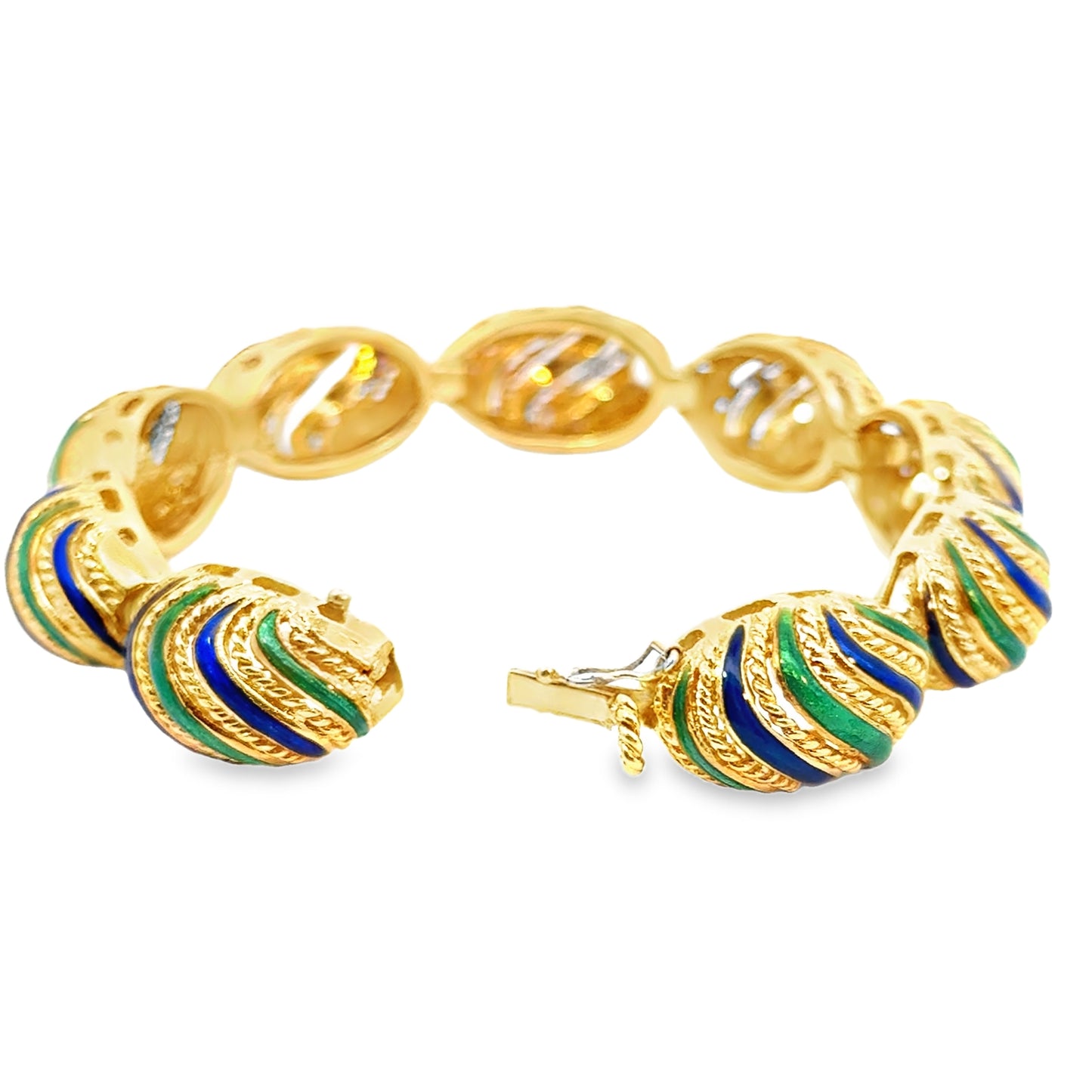 Vintage 18K Yellow Gold Green & Blue Enamel Bracelet – 1950s