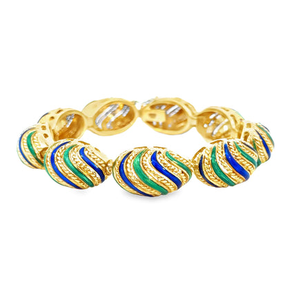 Vintage 18K Yellow Gold Green & Blue Enamel Bracelet – 1950s