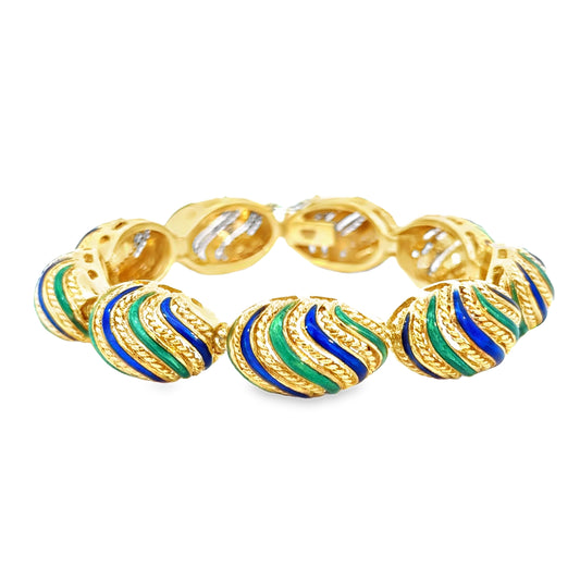 Vintage 18K Yellow Gold Green & Blue Enamel Bracelet – 1950s