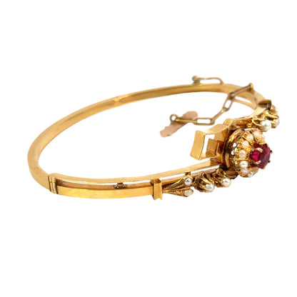 Antique 18K Gold Ruby & Seed Pearl Bangle Bracelet – 1940s