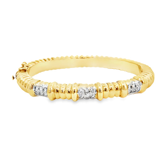 14K Yellow Gold Diamond Ribbed Bangle Bracelet