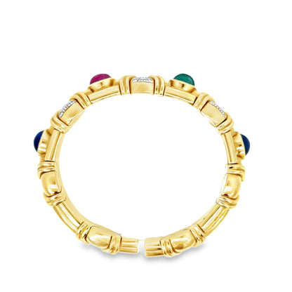 Vintage 18K Yellow Gold Gemstone & Diamond Bracelet – Mid-Century Statement