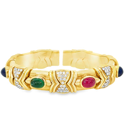 Vintage 18K Yellow Gold Gemstone & Diamond Bracelet – Mid-Century Statement