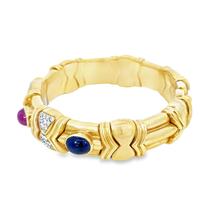 Vintage 18K Yellow Gold Gemstone & Diamond Bracelet – Mid-Century Statement