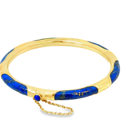 14K Yellow Gold Lapis Lazuli Bangle Bracelet with Hand-Etched Details
