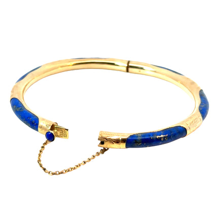 14K Yellow Gold Lapis Lazuli Bangle Bracelet with Hand-Etched Details