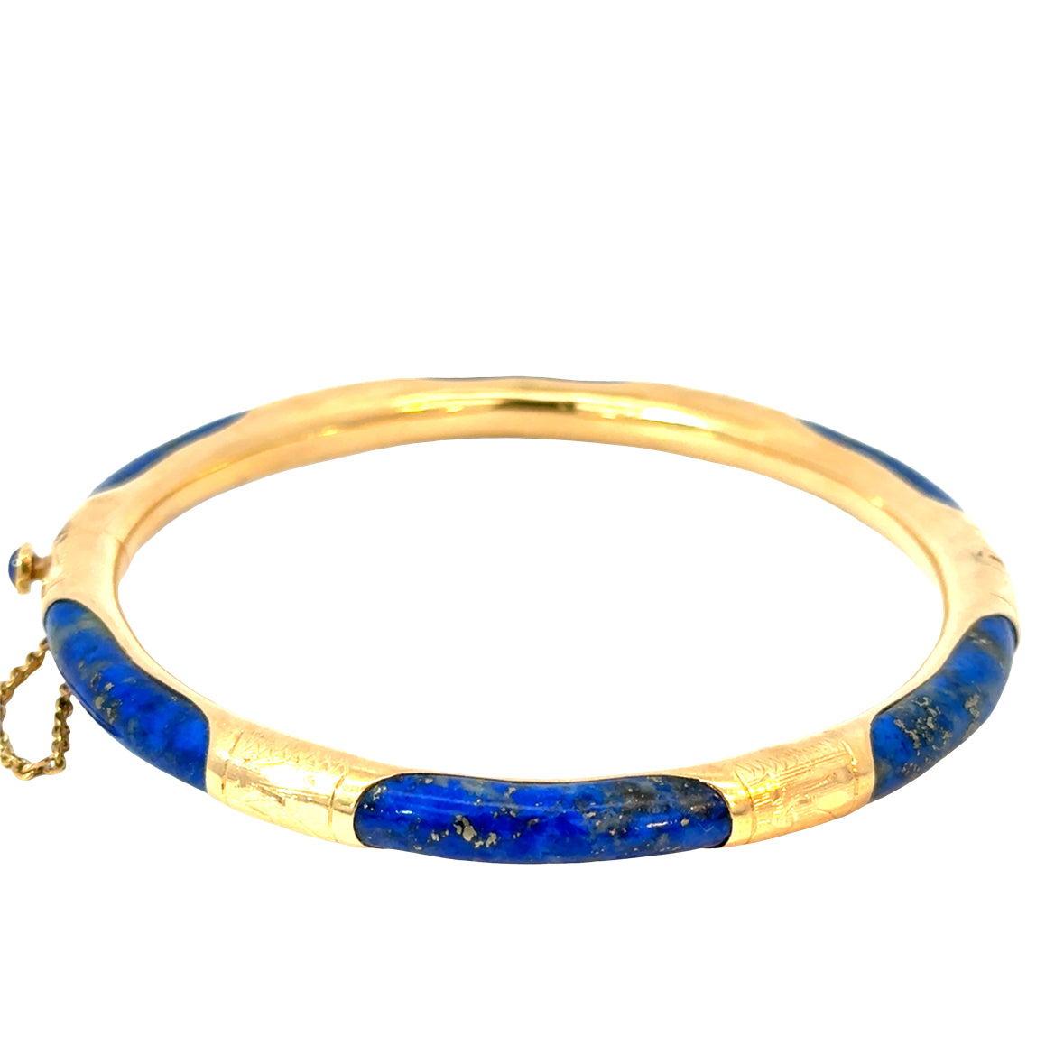 14K Yellow Gold Lapis Lazuli Bangle Bracelet with Hand-Etched Details