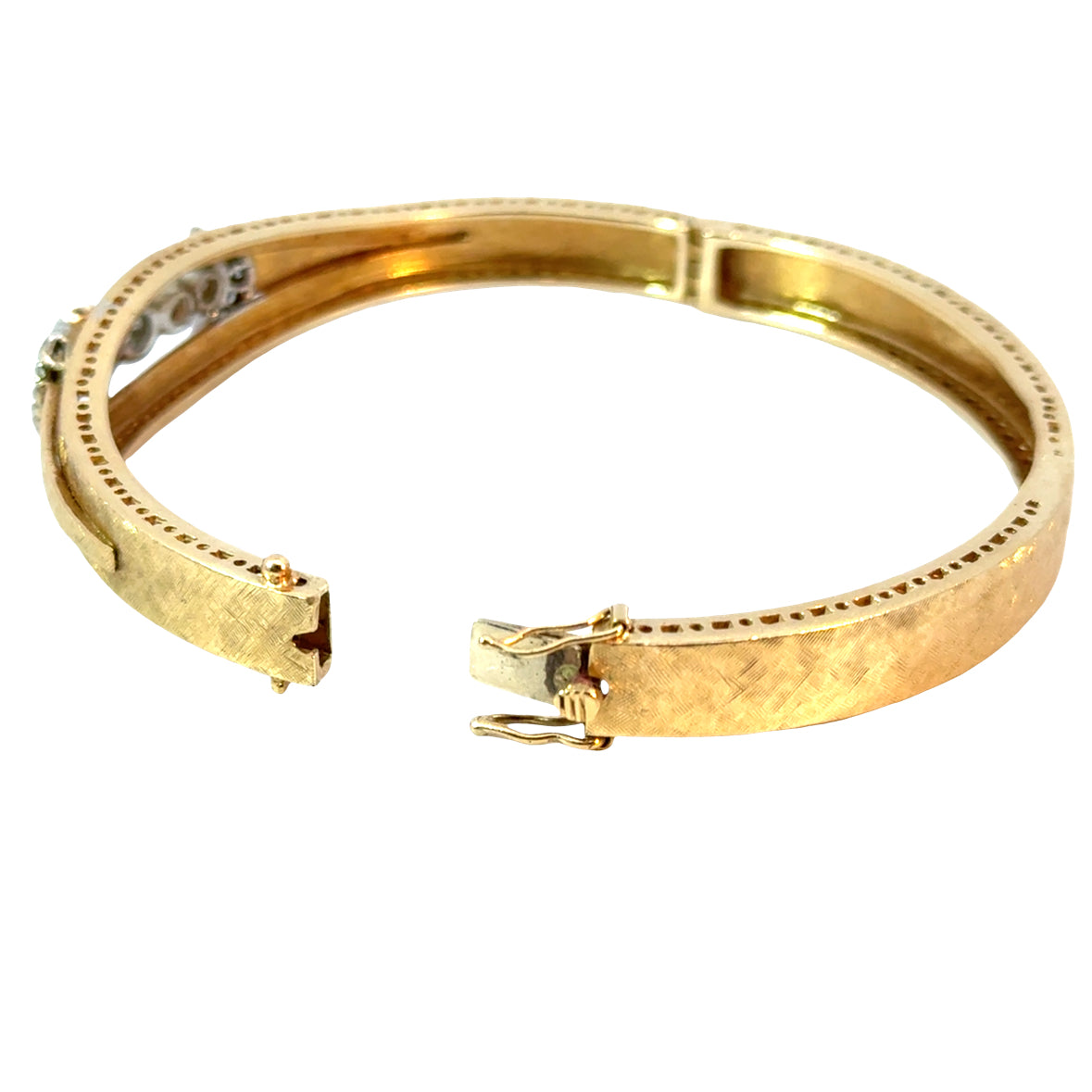 Vintage 14K Yellow Gold Opal & Diamond Textured Bangle Bracelet – 1940s