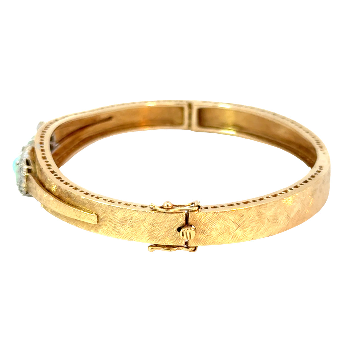 Vintage 14K Yellow Gold Opal & Diamond Textured Bangle Bracelet – 1940s