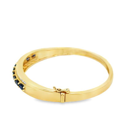 14K Yellow Gold Sapphire & Diamond Hinged Bangle