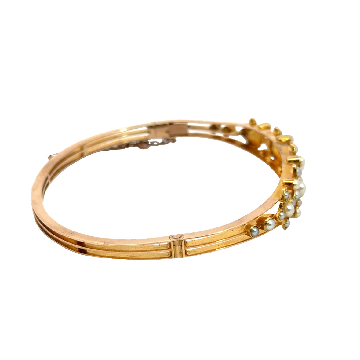 Antique 14K Yellow Gold Seed Pearl Floral Bangle Bracelet