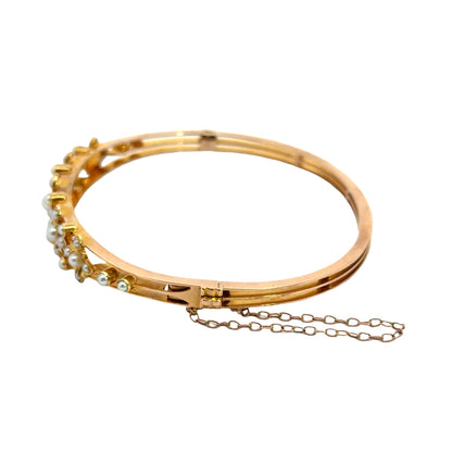 Antique 14K Yellow Gold Seed Pearl Floral Bangle Bracelet