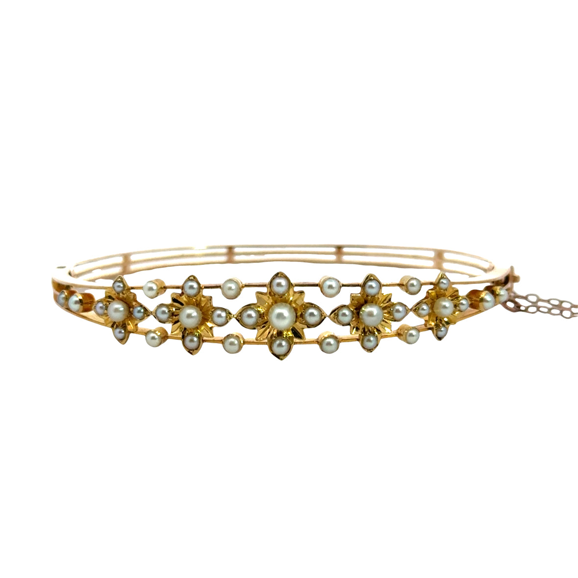 Antique 14K Yellow Gold Seed Pearl Floral Bangle Bracelet