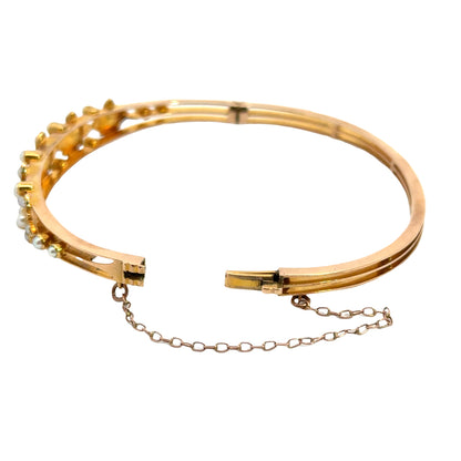 Antique 14K Yellow Gold Seed Pearl Floral Bangle Bracelet