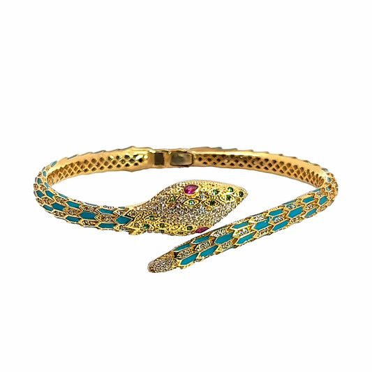 21K Yellow Gold Serpent Bangle with Rubies, Emeralds, Enamel & Cubic Zirconia