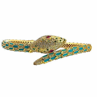 Exotic 21K Yellow Gold Enamel & Multi-Stone Serpent Ring