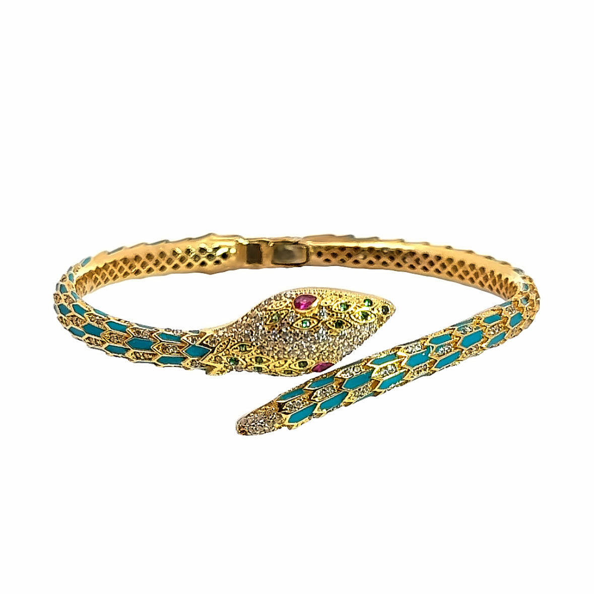 Exotic 21K Yellow Gold Enamel & Multi-Stone Serpent Ring