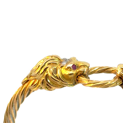 18K Gold Lion Head Bangle Bracelet with Ruby Eyes and Diamond Crown