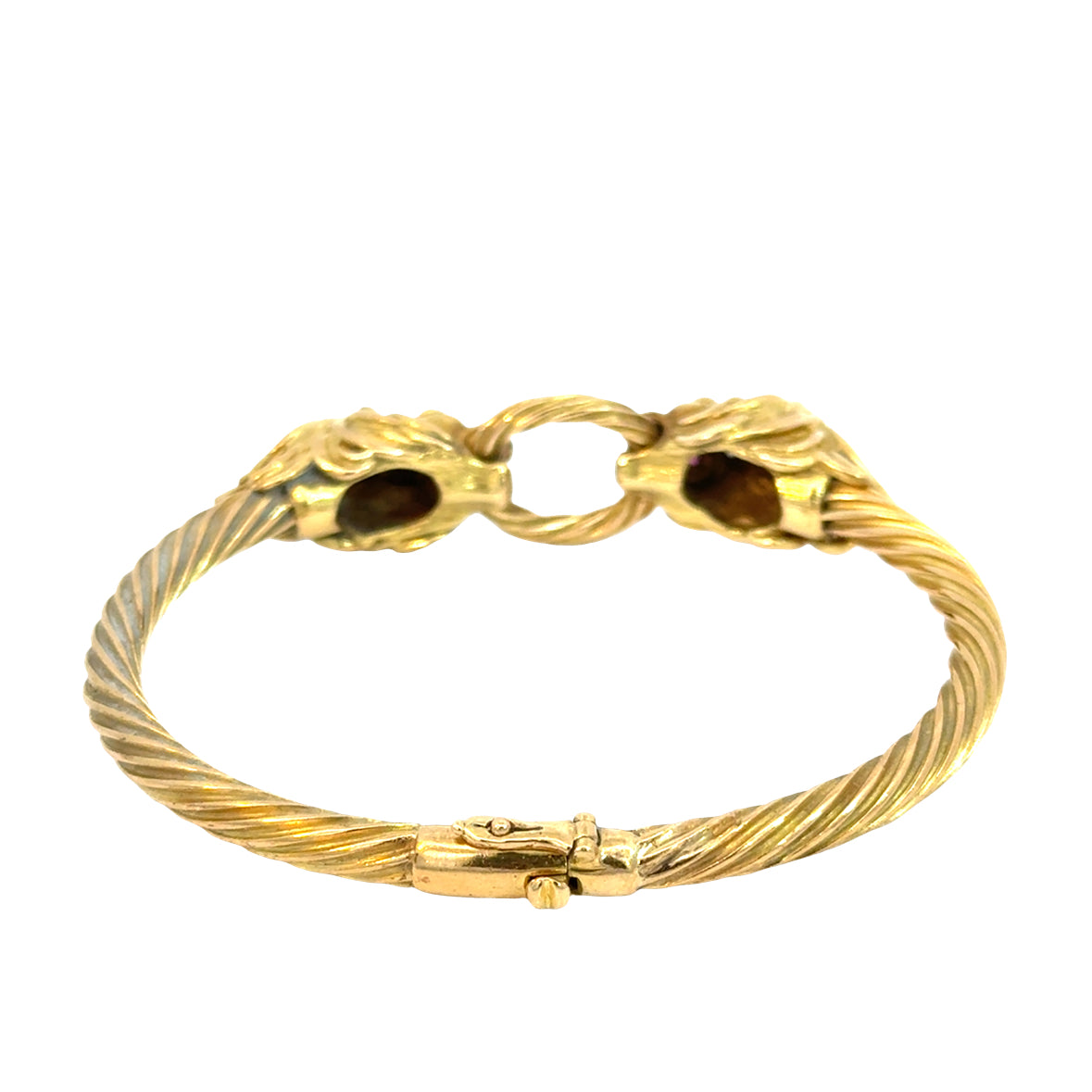 18K Gold Lion Head Bangle Bracelet with Ruby Eyes and Diamond Crown